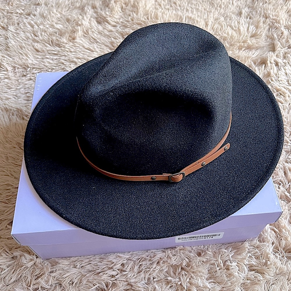 Black Wide Brim Fedora Hat with Brown Leather Belt Band